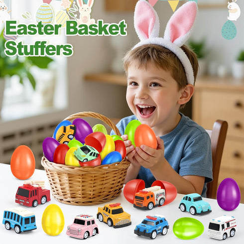 12 Pack OCHIDO Easter Eggs Filled with Die-Cast Cars, Prefilled Easter Eggs with Toys Inside for Kids Easter Basket