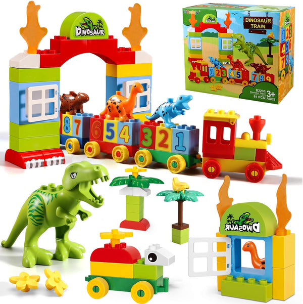 Dinosaur Building Blocks Toys,Jurassic Theme Building Blocks,With A Counting Train,A Big T-rex,and