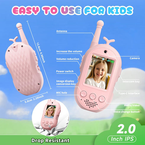 YUSSBCU 2 Pack 3-12 Upgraded Video Walkie Talkies for Kids, Rechargeable Voice/Video Call Kids Walkies Talkies, Toddler