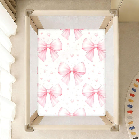 CZXW 52" 28" Bows Light Pink Crib Sheets Fitted x Natural Cotton Soft & Breathable for Baby Crib Mattress