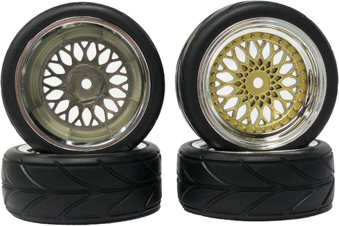 4PCS 64mm RC On Road Rubber Tires and Plastic Plating Wheel Rims Set for 1/10 RC Touring Racing Drift Car