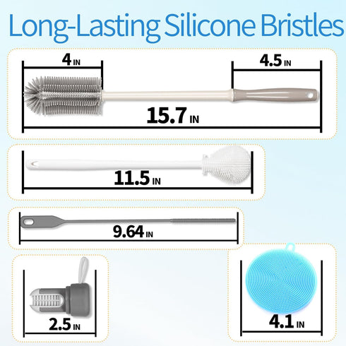 15.7" Set 6 Pack Silicone Bottle Brush - Water Bottle and Straw Cleaner Brush Long Handle for Hydro Flasks, Sports