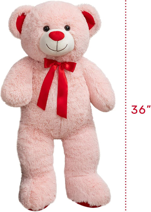 Giant Teddy Bear Stuffed Animal Plush with Red Ribbon Bow, 36 inch Pink Valentine's Day Gift for Kids and Girlfriend