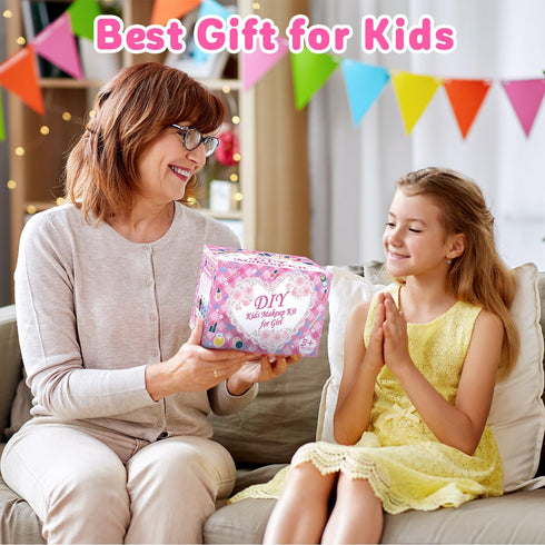Hollyhi 58 Pcs Kids Makeup Kit for Girls, Real Washable Cosmetic Set with Mirror, Pink Birthday Gifts for Ages 3-12