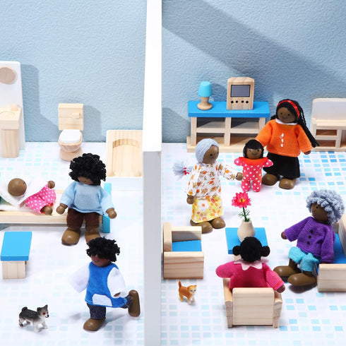10 Pcs Wooden Dollhouse Family Set, 8 Mini People Figures & 2 Pets, Pretend Play Figures Accessories for Dollhouse
