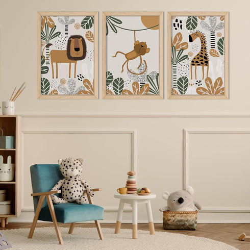 YWJKWLGS Set 3, 16x24 Inch Boho Safari Nursery Wall Art of Natural Solid Wood Framed Animal Print, Giraffe Monkey Lion