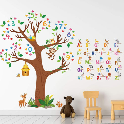 Zonon 3 Sheets Animal Alphabet and Numbers Tree Wall Decals, Learning ABC Letters Birds Numbers Peel and Stick Home