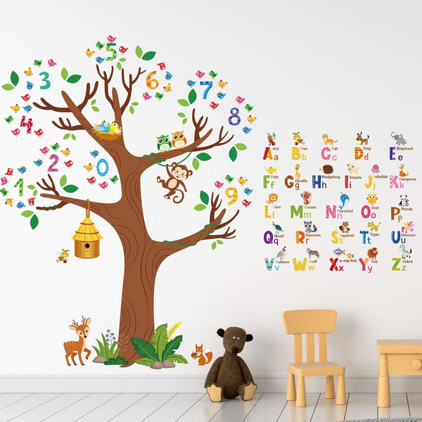 Zonon 3 Sheets Animal Alphabet and Numbers Tree Wall Decals, Learning ABC Letters Birds Numbers Peel and Stick Home