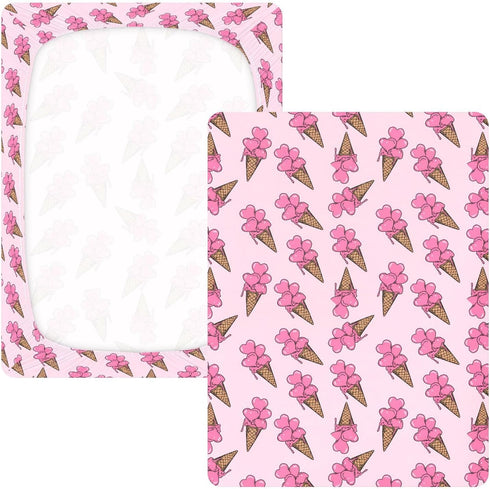 Jynexis 52x28 Ice Cream Heart Pink Pattern Baby Crib Sheets, Cotton Fitted Crib Sheet, Soft Breathable, Fits Standard