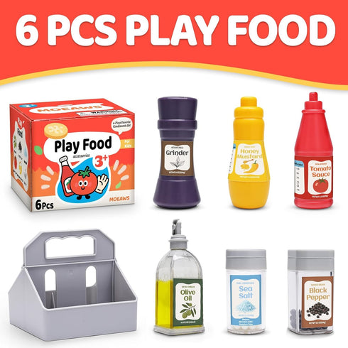MOEAWS 6 Set Pcs Condiment Toys with Storage Rack and Gift Box, Play Food for Kids Kitchen, Pretend Food Play Kitchen