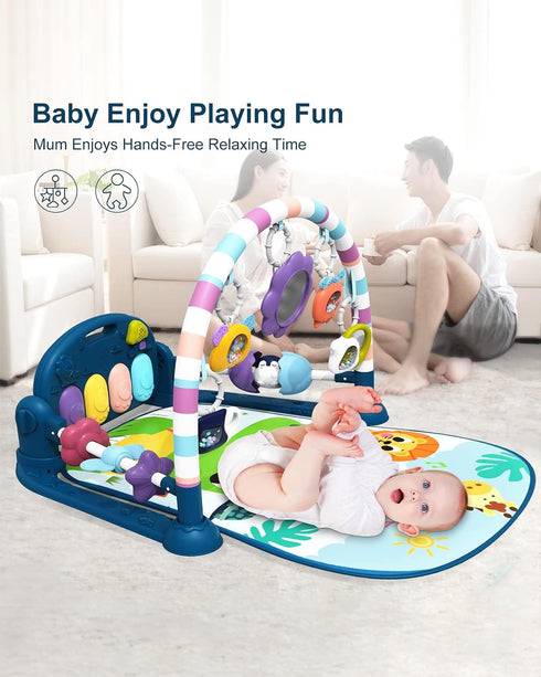 dearlomum Baby Play Mat Baby Gym, Funny Play Piano Tummy Time Activity Mat with 5 Sensory Toys, Music & Lights, New Blue