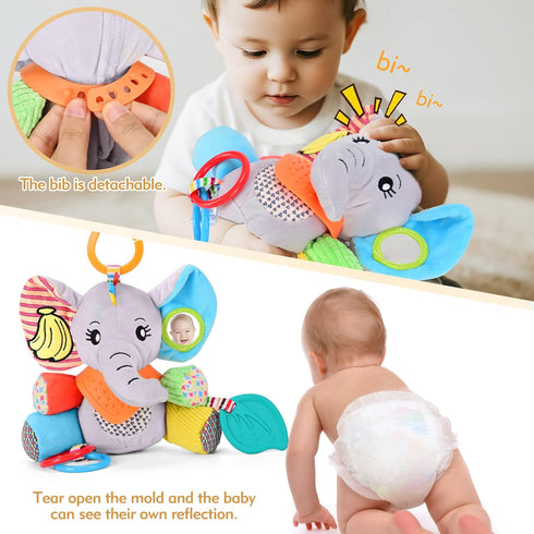 JiffyJolt 0-12 30 Baby Toys Months Elephant with Detachable Touch-Sensitive Sound Box, Sounds, Removable Bib, Teether