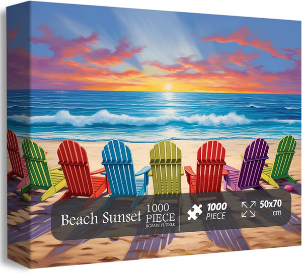 Beach Puzzles for Adults 1000 Pieces, PICKFORU Colorful Lounge Chair Beach Scene Home Decor