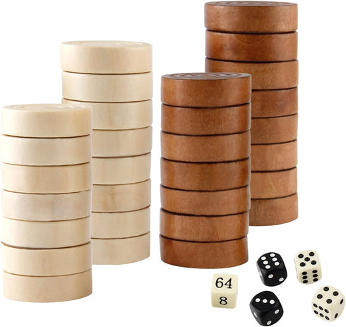 Amerous Thread Wooden Checkers Pieces with Drawstring Bag - Nature Wood Backgammon Pieces, 5 Dices Included