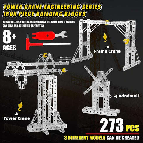 Building Toys Model Set, Tower Crane & Frame Crane & Windmill 3 in 1 Metal Model Kit, DIY Building Stem Projects Toys, Crane Windmill Building Model Educational Assembly Metal Toys
