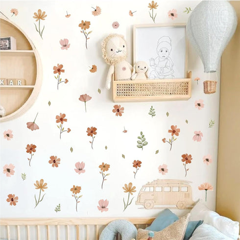 Small Flower Wall Stickers Boho Floral Wall Decals Watercolor Wildflower Decals Cute