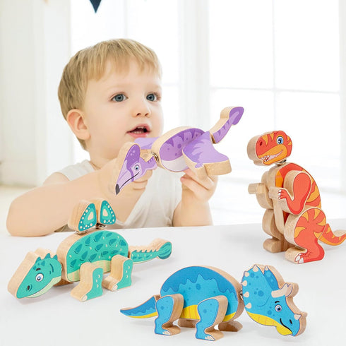 Playset 3 4 5 6 Wooden Dinosaur Blocks, Snap Together Building Toys, Dinosaur Take Apart Toy for Kids, Fine Motor Skill