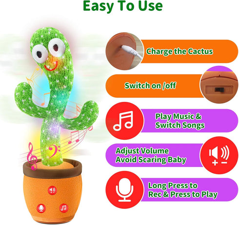JAKCJFII Rechargeable Dancing Talking Cactus Baby Toys for Toddlers Boys Girls, Singing Mimicking Recording Toy Repeats