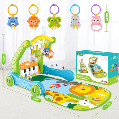 4-in-1 Tummy 0-3-6-9-12 Baby Gym Play Mat with Learning Walker, Time Mat & Baby Push Toys for Newborn Infant Month Boy