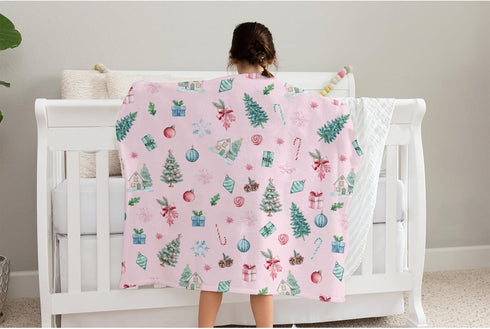 SqtmuHLuo 60x80inch Pink Christmas Baby Blanket for Boys Girls Christmas Tree Candy Gift Watercolor Snowflake Holiday