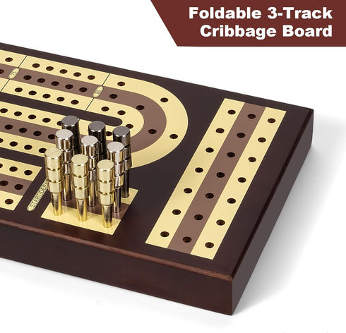 Set 3-Track 9 ESENHARBER Foldable Wooden Cribbage Board - Elegant Design with Magnetic Closure, Metal Pegs, Full Deck