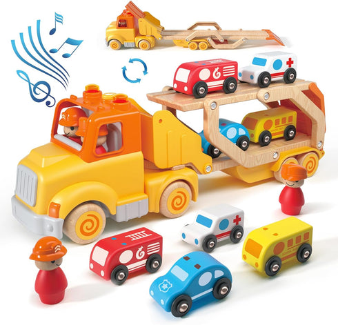 Toddler Car Toys for 2-5 Years Old, Transport Carrier Truck Toy with 4 Wooden Vehicles, 24IN Foldable Track