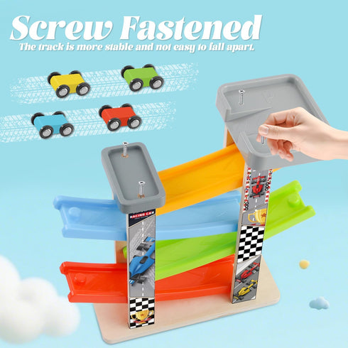 Set, Set 4 3+ Wooden Car Ramp Toy Montessori Ramp Includes Mini Cars and Track Educational Gift for Boys and Girls