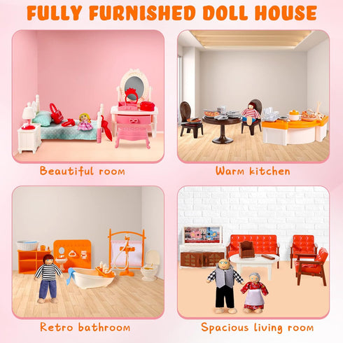 83 Set 8 5 HyDren Pcs Wooden Dollhouse Furniture with Flexible Dolls for Rooms Kits Kitchen, Dining, Living Room