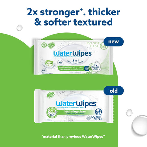 3-In-1 99% 60 Count (1 Pack) WaterWipes Sensitive+ Hydrating Boost Wipes, Cleans, Cares, Hydrates, Water with Aloe