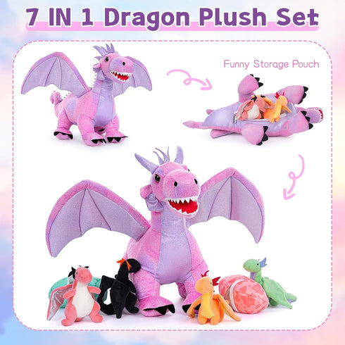 7 21.6 inch 4 2 Muiteiur Piece Dragon Stuffed Animals, Soft Plush Pink Dragon with Baby Toys and Eggs, Gift for Kids