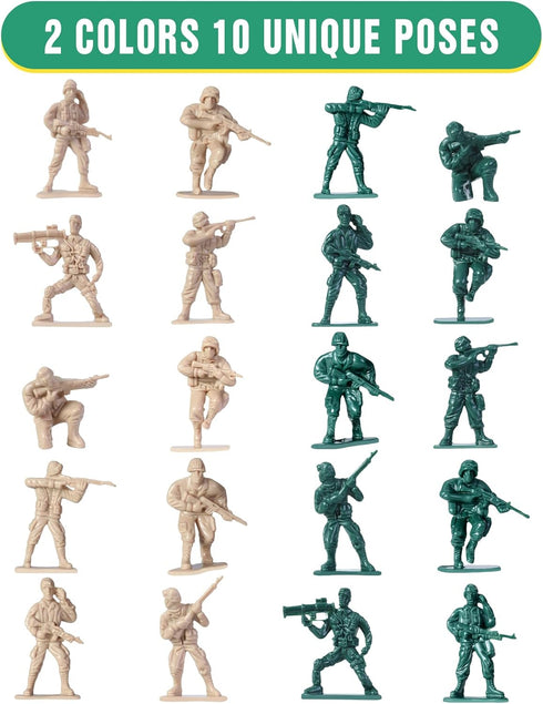 200PCS Army Men Toy Soldiers, Plastic Action Figures, 10 Poses Yellow and Green Soldiers Playset