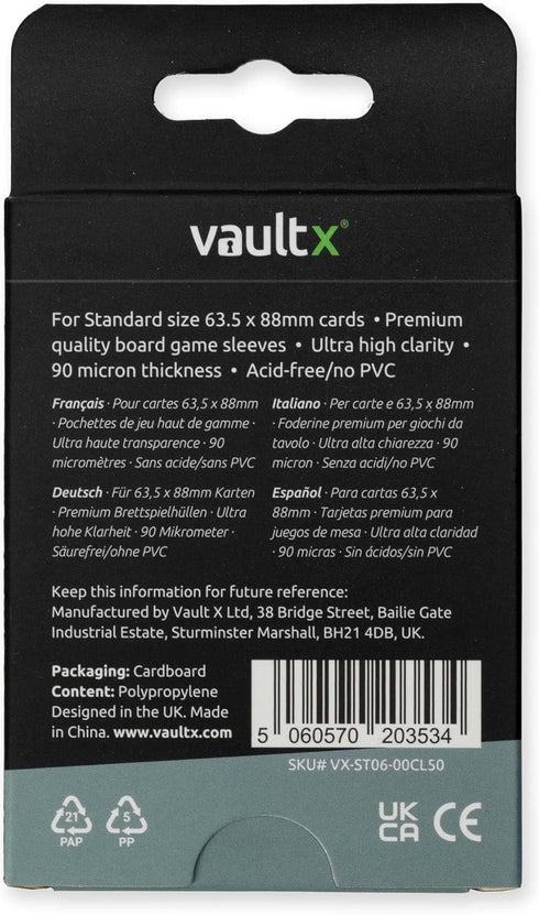 65.5 91mm (50 Pack) Vault X Standard Board Game Sleeves x for Standard-Sized Cards and Trading Cards, Clear Premium
