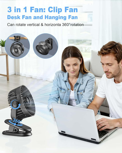 TCJJ 5200 3 360 Portable Clip on Fan, Rechargeable Stroller Fan, USB Desk Fans With TYPE-C Port mAh Battery Operated