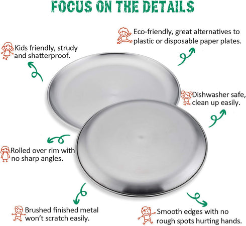 E-far Stainless Steel Plates Set of 4 - 8-inch Metal Dinner Plates for Kids, Shatterproof & Dishwasher Safe
