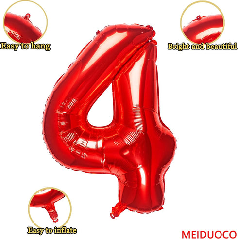 32 Inch Red Number 4 Balloons, Foil Balloon for Birthday Party Decoration Supplies