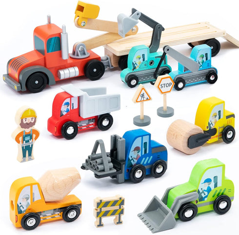 umu Construction Toy Cars 14 PCS Wooden Kids Mini Vehicles for Toddlers,