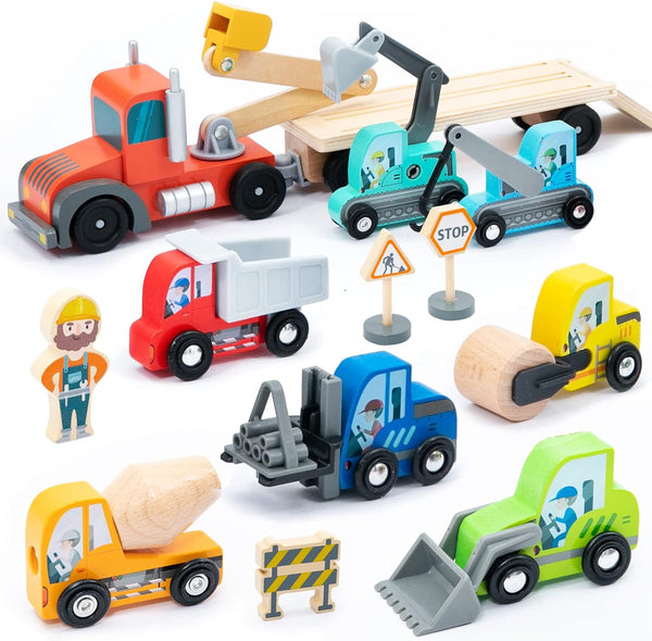 umu Construction Toy Cars 14 PCS Wooden Kids Mini Vehicles for Toddlers,