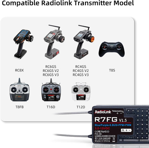 R7FG 7 2.4Gh RC8X/RC4GS V3/RC6GS V3/T8S/T8FB Radiolink Channels RC Gyro Receiver, Voltage Telemetry Long Range Control