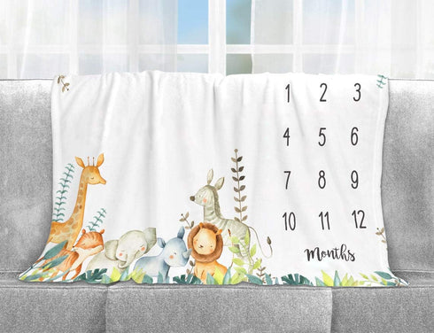 Safari Baby Milestone Blanket with Birth Stat Sign, Jungle Animals Monthly Growth Chart, 50"x40" Baby Nursery