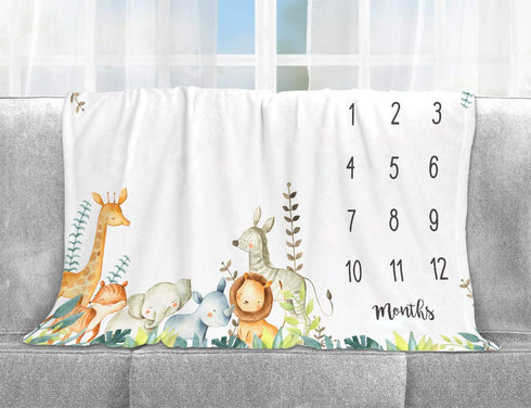 Popfavors Yuzioey Safari Baby Monthly Milestone Blanket - Jungle Animals Growth Chart for Nursery Decor, 50Inx40In