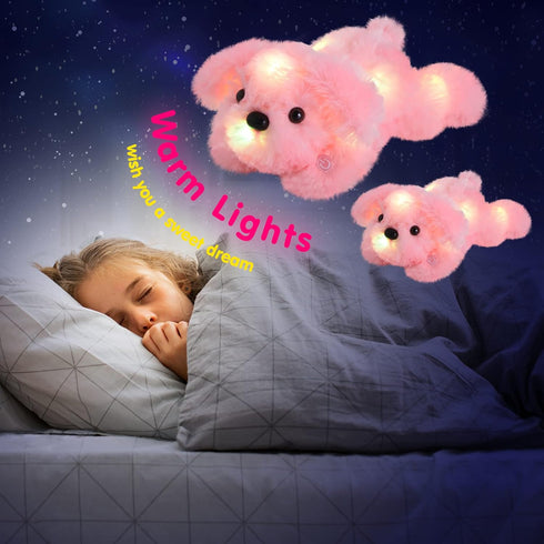 WEWILL 10'' Light Up Pink Puppy Dog - LED Stuffed Animal with Colorful Night Light for Kids Gifts