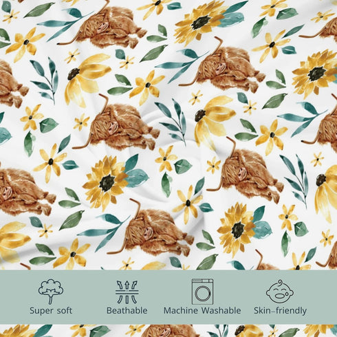 Highland Cow Sunflower Changing Pad Cover for Baby Girls, Soft Stretchy Safe Snug Fitted Diaper Change Table Covers