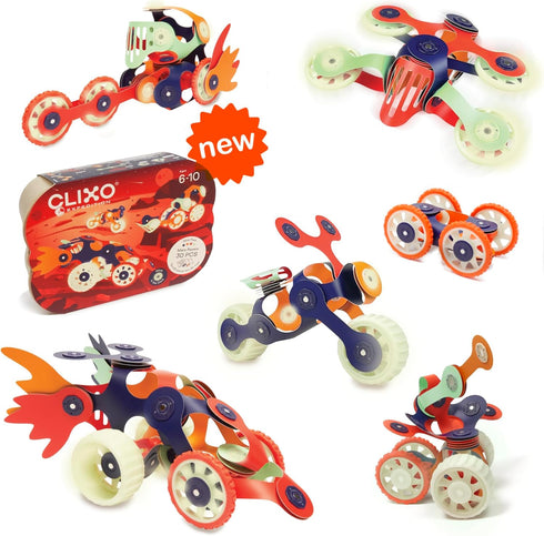 Clixo Mars Rover Pack - Glow-in-The-Dark Wheels Magnetic Building Toy with 30 Flexible Magnet Pieces for Kids Ages 6+