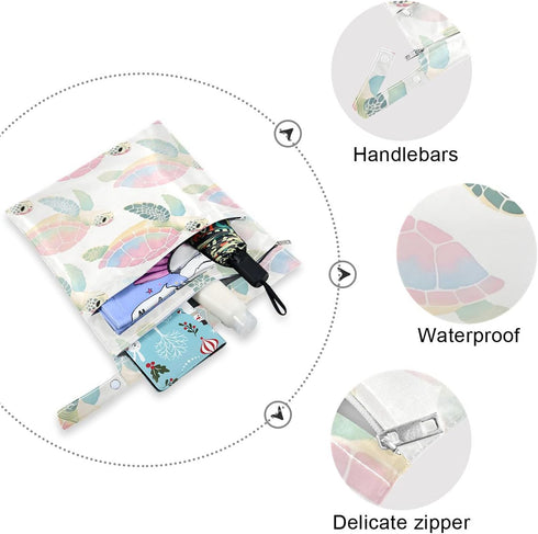 Burbuja 2 Pack, 2 Watercolor Sea Turtles Wet Dry Bags for Baby Cloth Diaper Waterproof Reusable Wet Bag with Zippered