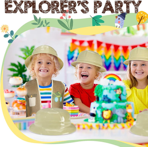 24 Pcs Kids Explorer Costume Sets - 12 Safari Vests and 12 Jungle Party Hats for Outdoor Activity Favors