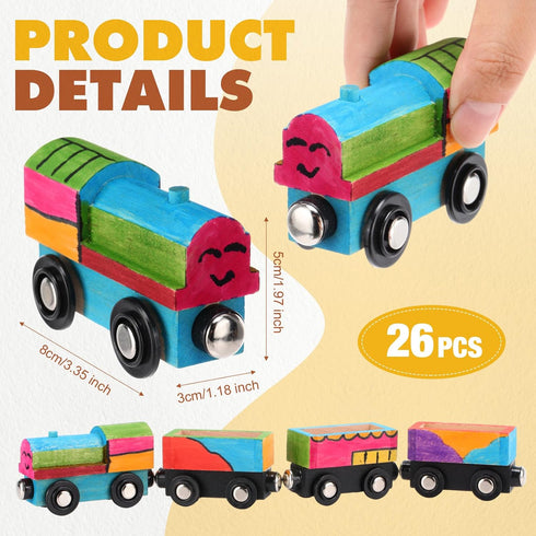 Lenwen 26 Pcs Unpainted Magnetic Wooden Train Cars for Boys and Girls, DIY Unfinished Magnetic Train Set