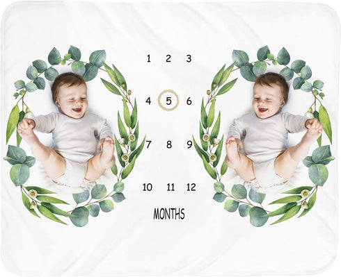 Baby Monthly Milestone Blanket for Twins, Unisex Neutral Personalized Shower Gift, 51"x40" Leaf Nursery Decor