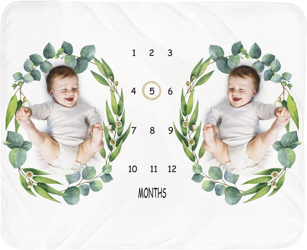 Baby Monthly Milestone Blanket for Twins, Unisex Neutral Personalized Shower Gift, 51"x40" Leaf Nursery Decor