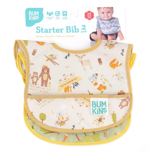 Bumkins Bibs for Baby Girl or Boy, Infant 3-9 Months, Waterproof Soft Fabric Starter Bib 2-pk Camp Gear