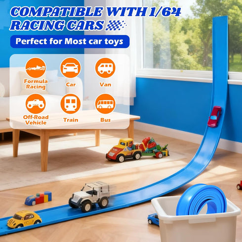 12 Set: 3+ 1/64th Flex Track Ft Starter Portable Rolls Up Race Tracks for Kids - DIY Race Car Ramp Track with Suction